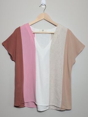 Entro Colorblock Linen Shirt V-Neck Short Sleeve Pink Brown Cream Small Boho